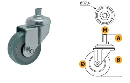 Ruota in gomma grigia con perno in acciaio Ø50 – portata 35 kg