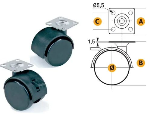 Ruota in nylon con piastra 38x38 mm con freno 