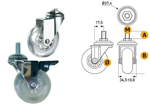 Ruota in nylon e acciaio con perno Ø50 M8x15mm – portata 40kg