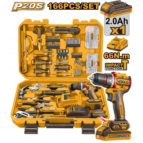 Set valigetta Ingco 166 pezzi con trapano a batteria 20V