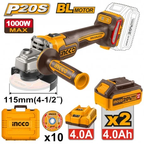 Smerigliatrice Ingco brushless 1000W 115 mm con 2 batterie e dischi