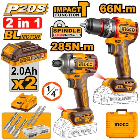 Set trapano Ingco 20V con avvitatore a impulsi e valigetta